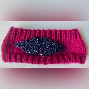 Burgundy Knit Headband with Black Beaded Accent